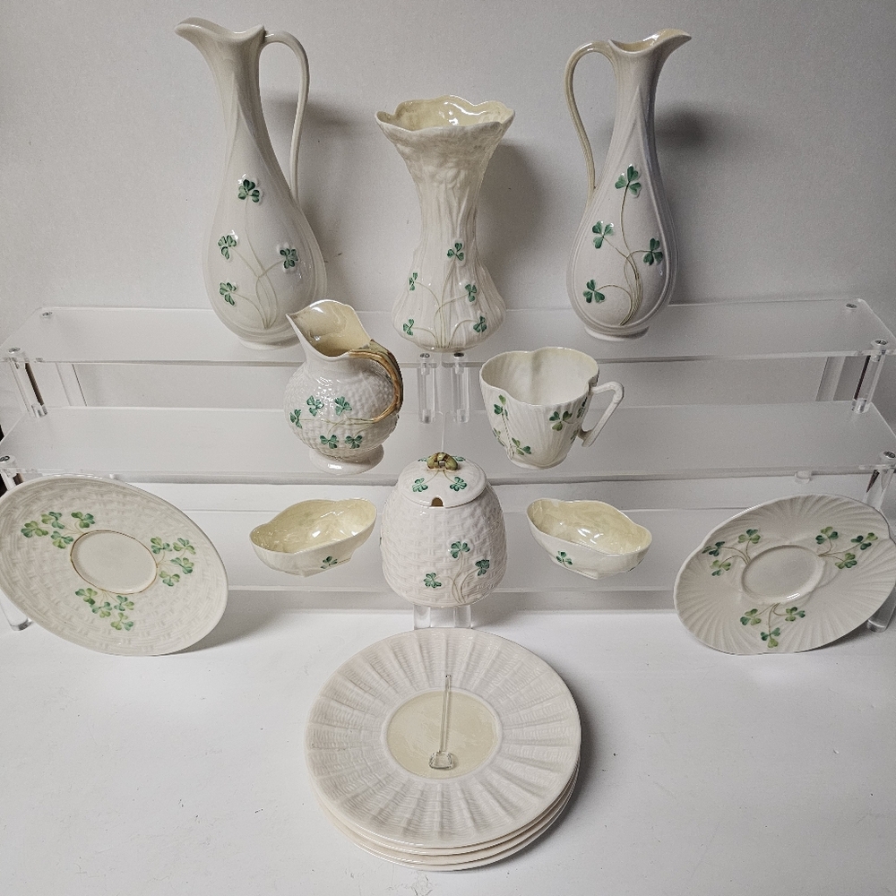 Vintage Belleek Irish China Lot (Pitchers, Salt Cellars, Teacups, Saucers, More)